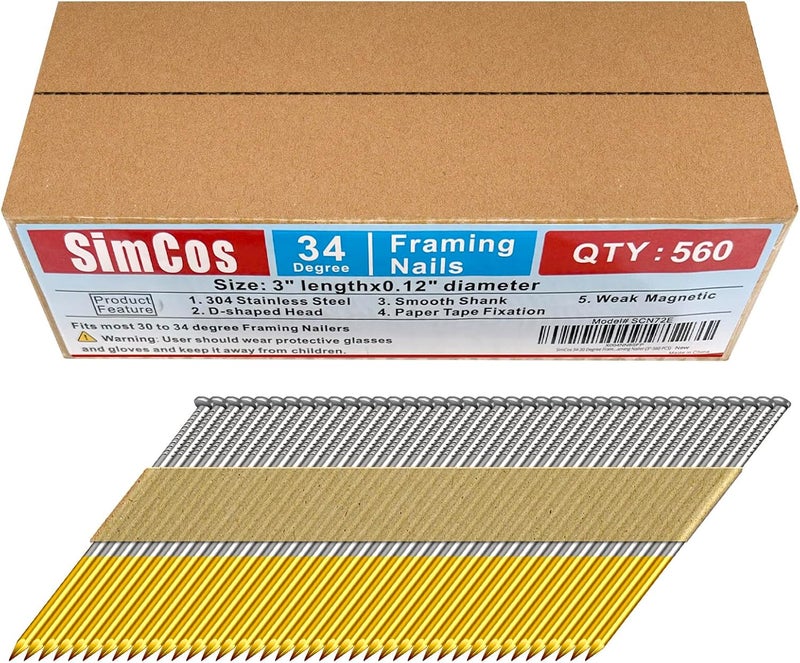 SimCos 34-30 Degree Framing Nails 304 Stainless Steel D Head Paper Tape Strip Nails for 30 to 34 degree Framing Nailer (3"-560 PCS) - Image 1
